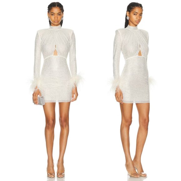 NWT Self-Portrait Embellished Mini Dress Cut-out Front Rhinestone Feather Trim - Picture 1 of 12